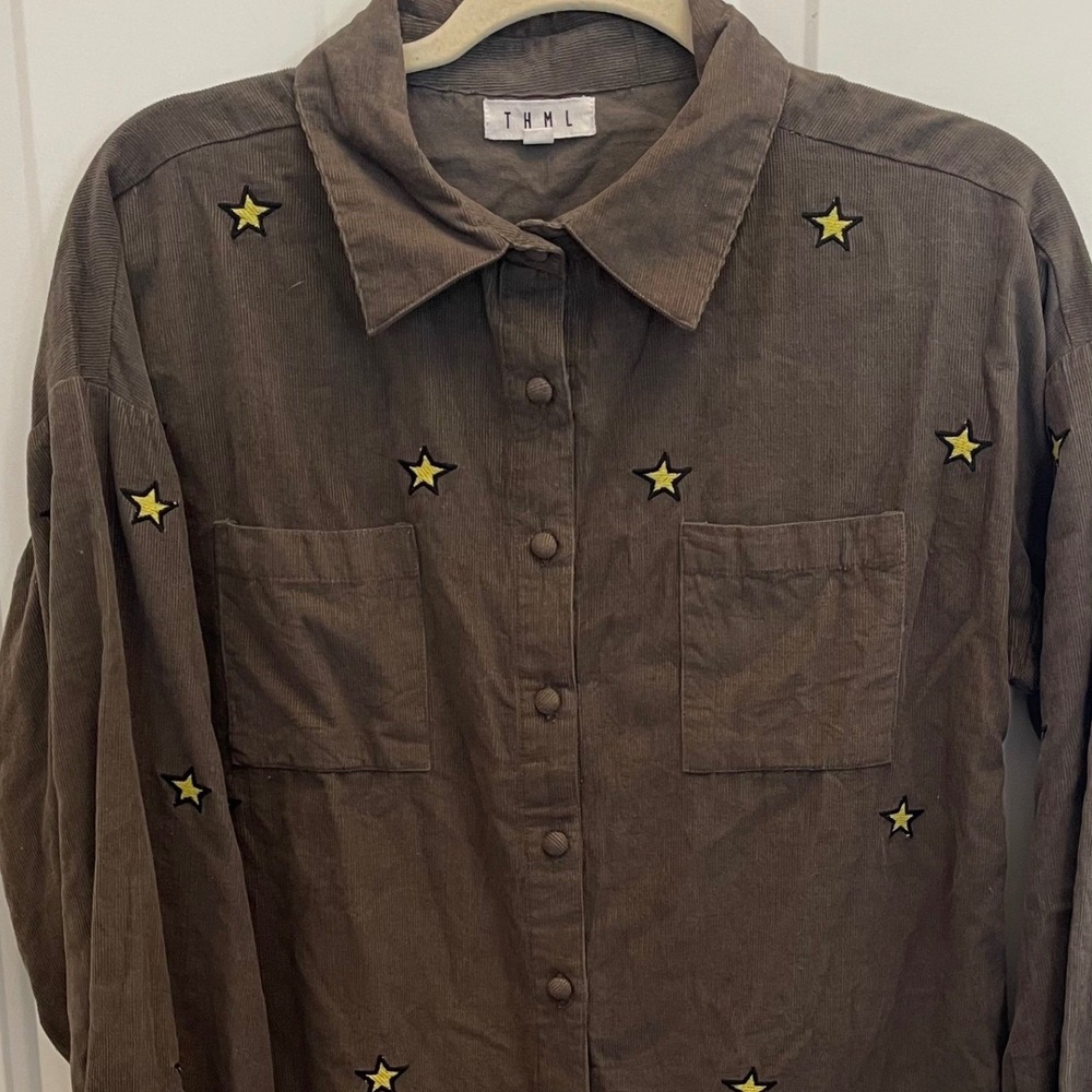 THML Gray Corduroy Button Down Shirt Cotton Star Embroidered Small Celestial